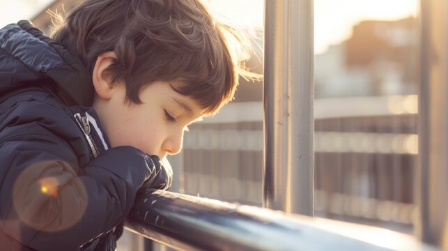 Boy Leaning on Railing Looking Outward