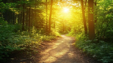 Fototapeta premium Sunlit Path Through Lush Green Forest