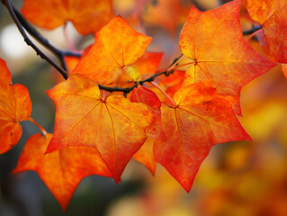 Obraz premium Vibrant Autumn Maple Leaves in Full Color Display - Close-up of beautiful autumn maple leaves showcasing vivid orange and red hues, capturing the essence of fall. Perfect for seasonal and nature-theme