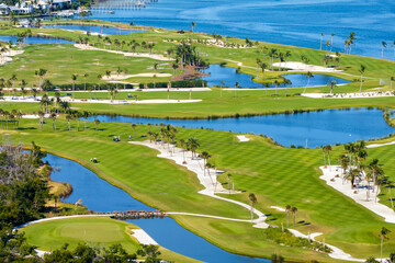 Aerial view of large golf course with green grass in Boca Grande in southwest Florida. Place for outdoor activities