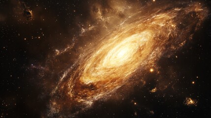 Fototapeta premium A stunning, cosmic view of a spiral galaxy with a bright core and swirling arms of gas and dust, set against a backdrop of twinkling stars in the vastness of space.