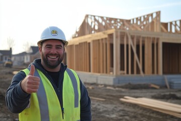 Cheerful construction worker gives a thumbs up in front of a newly constructed house on a sunny day, promoting positivity and safety