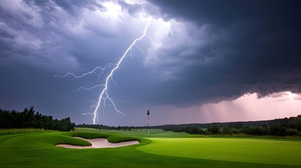 A dramatic scene depicting a thunderstorm with lightning illuminating a golf course under dark, ominous clouds.