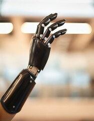 A detailed view of prosthetic arm in action, designed for full mobility. A symbol of how medical technology is enhancing human abilities and independence.