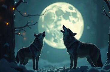 Wolves Howling at Full Moon