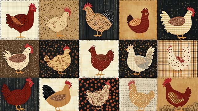 Colorful quilt design featuring various chicken patterns in a vibrant patchwork layout suitable for home decor or textile projects