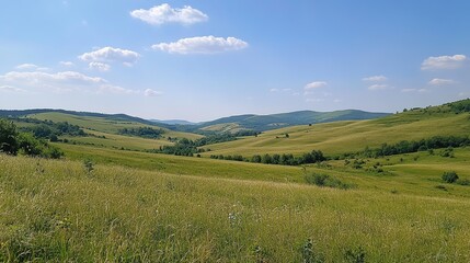Fototapeta premium Expansive Green Hills Under Clear Blue Sky