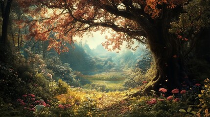 Tranquil autumn landscape with vibrant foliage and blooming flowers in a sunlit forest glade during the late afternoon