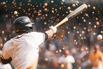 Baseball Player Swinging Bat in Action Shot with Motion Blur and Dynamic Stadium Scene