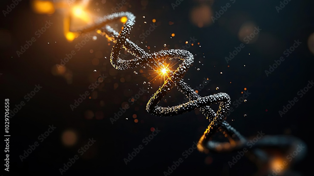 Poster abstract spiraling light strands with glowing particles over a dark background.