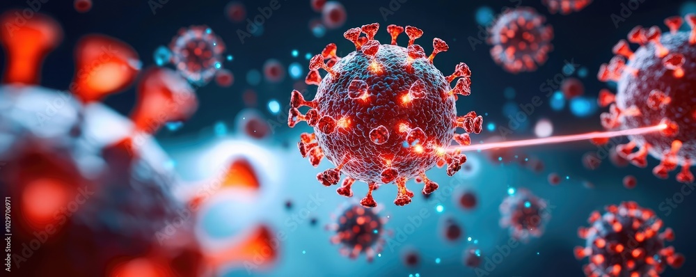 Aufkleber 3d illustration of viruses with laser interaction on a colorful background.