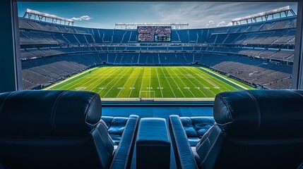 Overhead view of luxurious leather stadium seats near the field, modern and elegant design, showcasing exclusive sports viewing for VIP ticket sales brochures