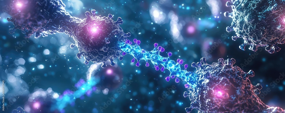 Poster Abstract image of cells interacting with colorful particles.