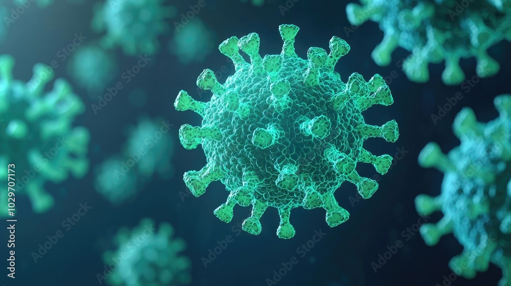Poster close-up view of a virus with green spikes on a dark background.