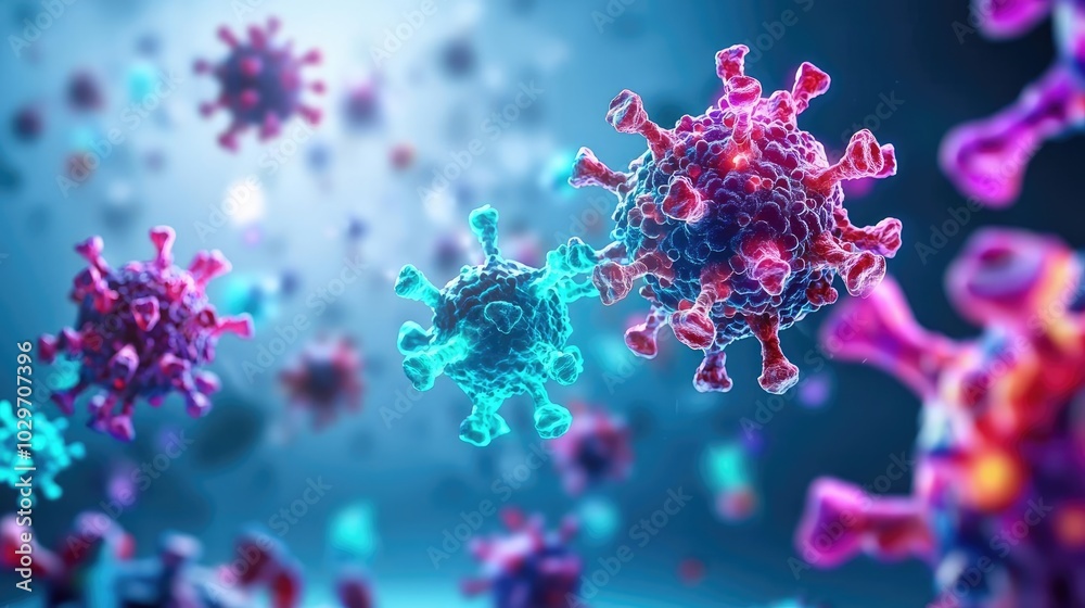 Poster Colorful virus particles in a dynamic microscopic view on a soft-focus background.