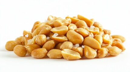 Perfectly roasted peanuts with sea salt flakes, piled high, each kernel glossy with a golden finish, displayed against a crisp white background