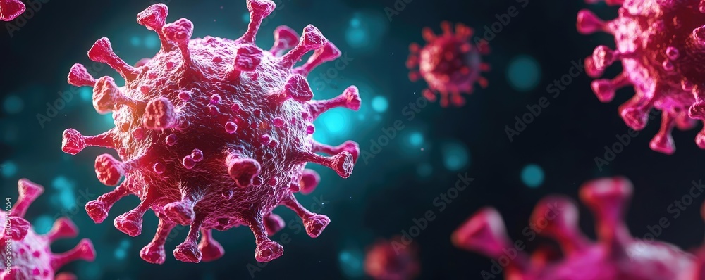 Poster 3D render of a virus structure, colorful background with glowing particles.