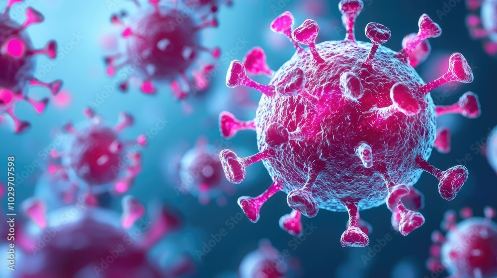 Poster colorful representation of viruses on a blue background, showcasing cellular structures.