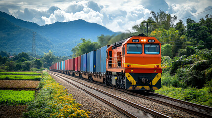 Fototapeta premium A front view of a freight train moving through a rural area, loaded with goods for export to neighboring countries
