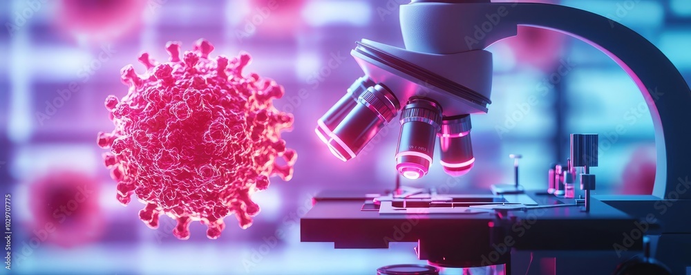 Poster Microscope analyzing virus under colorful illumination.