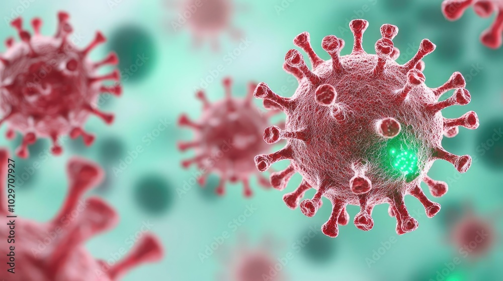 Poster close-up view of viruses, microscopic structures with red spikes on a green background.