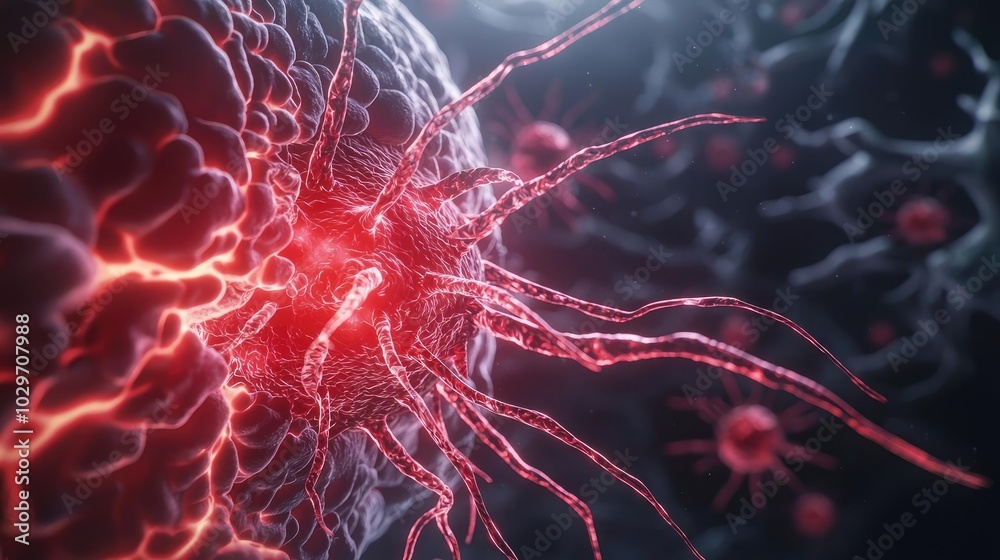 Poster Close-up of a red glowing cell with intricate details on a dark background.
