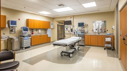 Emergency room layout with efficient workflows, modern medical technology, and bright lighting