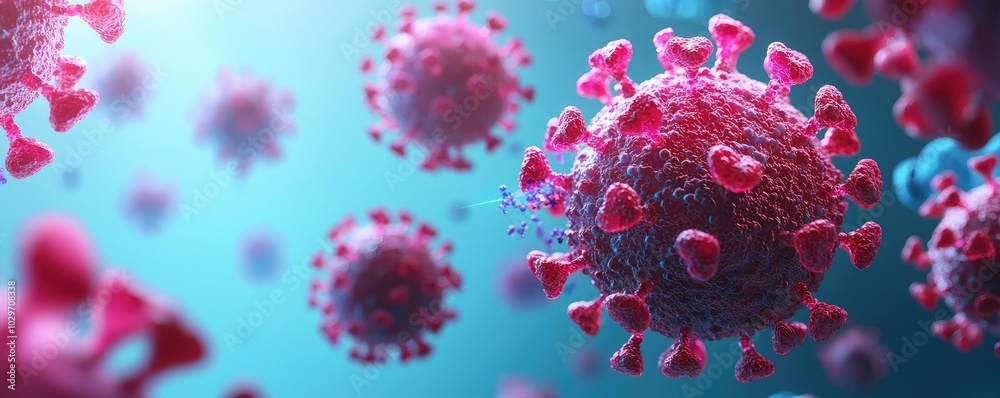 Poster Microscopic view of colorful virus particles on a soft background.