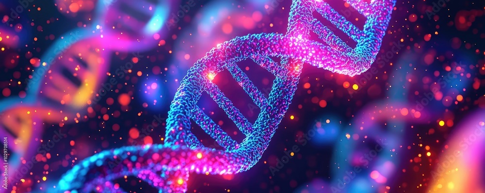 Poster colorful dna strands with glowing effect on a dark background
