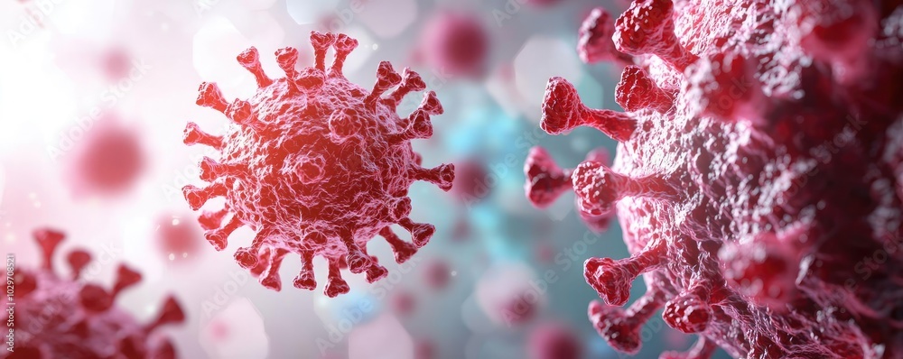 Poster close-up view of colorful viruses on a blurred background.
