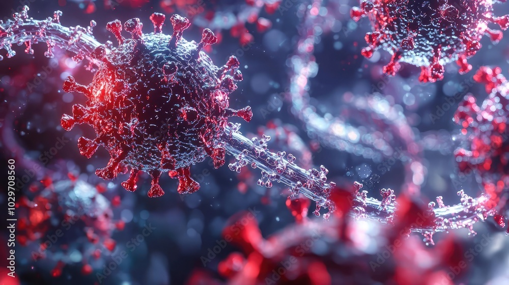 Poster microscopic view of the virus with red spikes on a dark background.