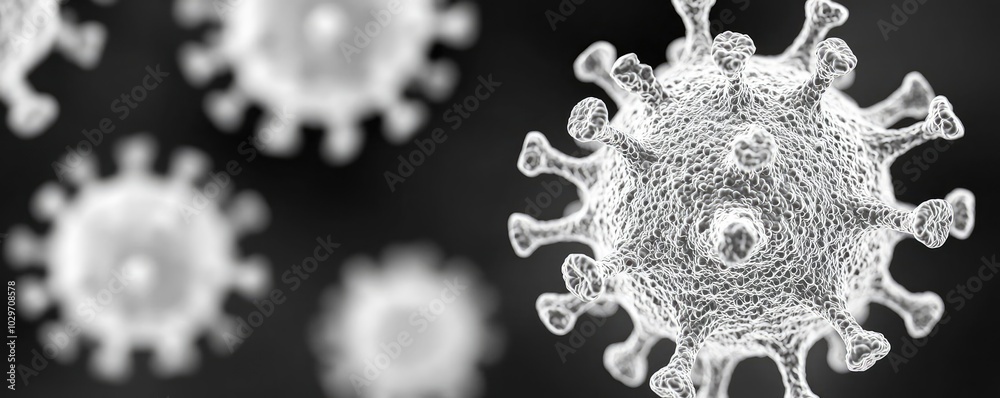 Poster microscopic view of virus particles on a dark background.