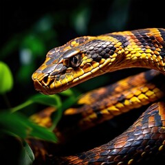 Obraz premium the AI Image Generator, Coiled snake revealing shimmering golden eyes amidst