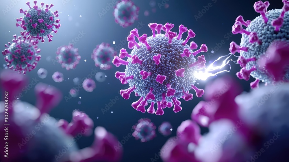 Poster 3d rendering of coronavirus with detailed structure on dark background.