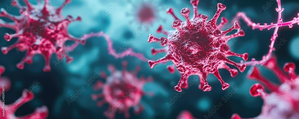 Poster colorful representation of virus cells in a microscopic view, abstract background.
