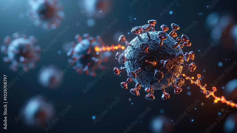 Poster 3D rendering of a virus structure with detailed surface textures.
