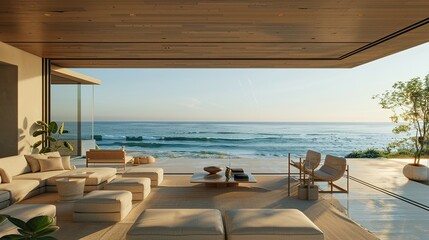 Obraz premium Stylish Coastal Retreat: Minimalist Interior and Expansive Views in a Beach House