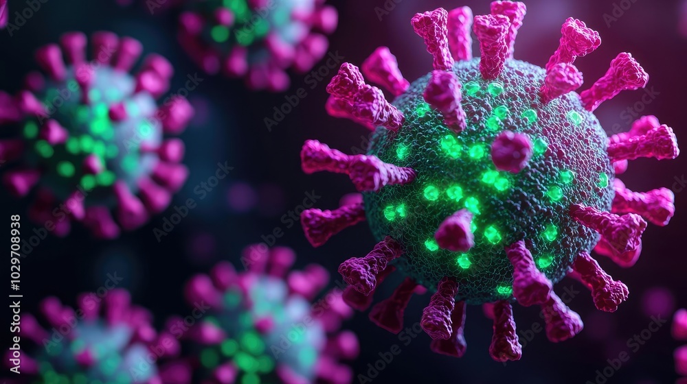 Poster close-up of a virus cell with vibrant colors on a dark background