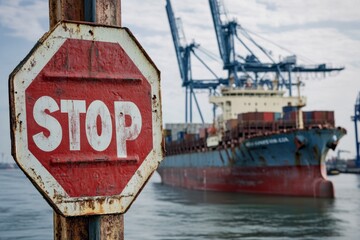 Cargo ship halted at a dock by large stop sign symbolizing trade restrictions and import duties at a port