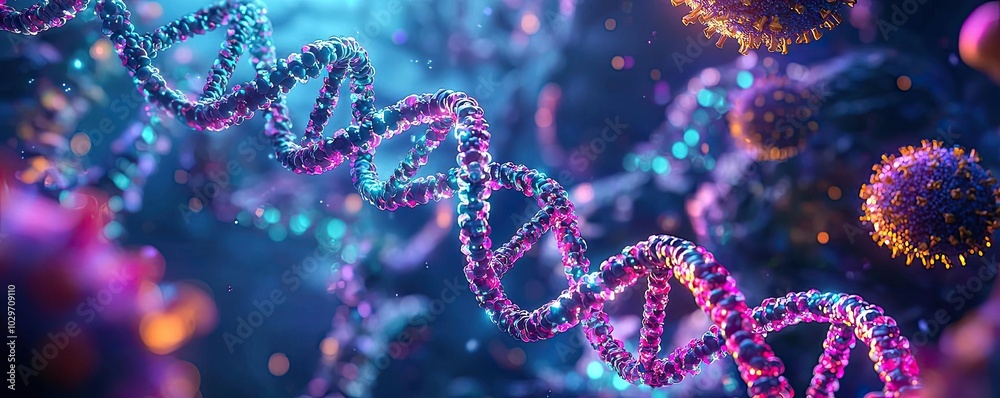 Poster colorful representation of dna strands and virus particles in a abstract background.