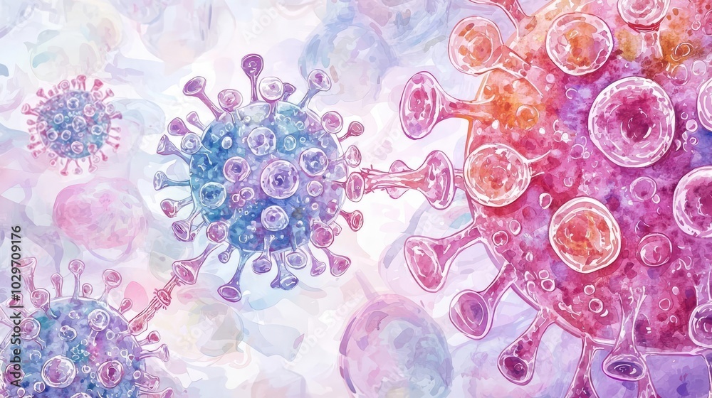 Poster abstract representation of virus particles in vibrant colors on a soft background.