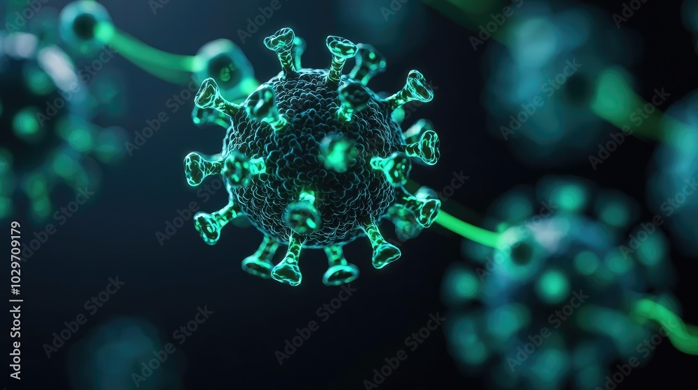 Poster microbe structure illustration on dark background with glowing details.