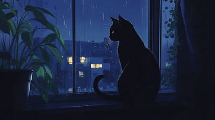 Lofi art, It's a rainy night and a black cat is looking out the window and listening to the rain. purple color, candles, lights, lofi, lo-fi, lofi art, animation. Lofi