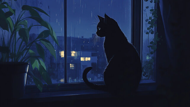 Lofi art, It's a rainy night and a black cat is looking out the window and listening to the rain. purple color, candles, lights, lofi, lo-fi, lofi art, animation. Lofi