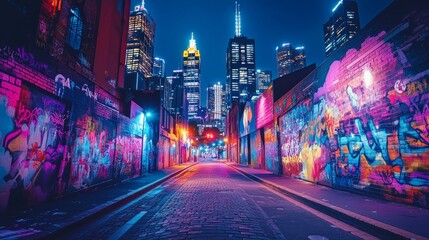 Obraz premium A glowing night in a vintage metropolis, towering skyscrapers in neon light, walls below covered in vivid, electrifying retro graffiti, alive with color and light