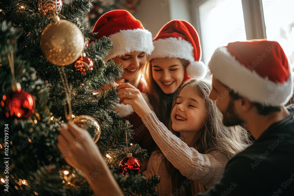 Wall mural Family joyfully decorates a Christmas tree with colorful ornaments and lights, surrounded by cozy living room setting, creating a festive and warm atmosphere.