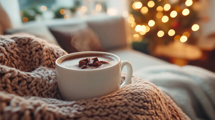 cup of hot chocolate, creating a warm, inviting atmosphere. The blurred winter backdrop enhances the feeling of comfort and relaxation during chilly days