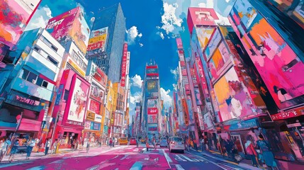 Obraz premium 70s urban scene, skyscrapers stretching skyward, graffiti-covered streets alive with bold colors, a tribute to art and architecture of a bygone era