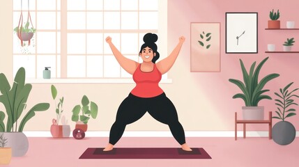 Fototapeta premium Funny fat woman working out at home, enjoying her fitness journey with a smile
