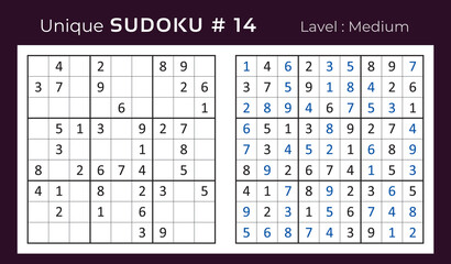 Vector design of sudoku puzzle game with answer. Mid level sudoku mathematical logic game for Kids and adult . 9 x 9 grid sudoku educational game with number vector illustration.